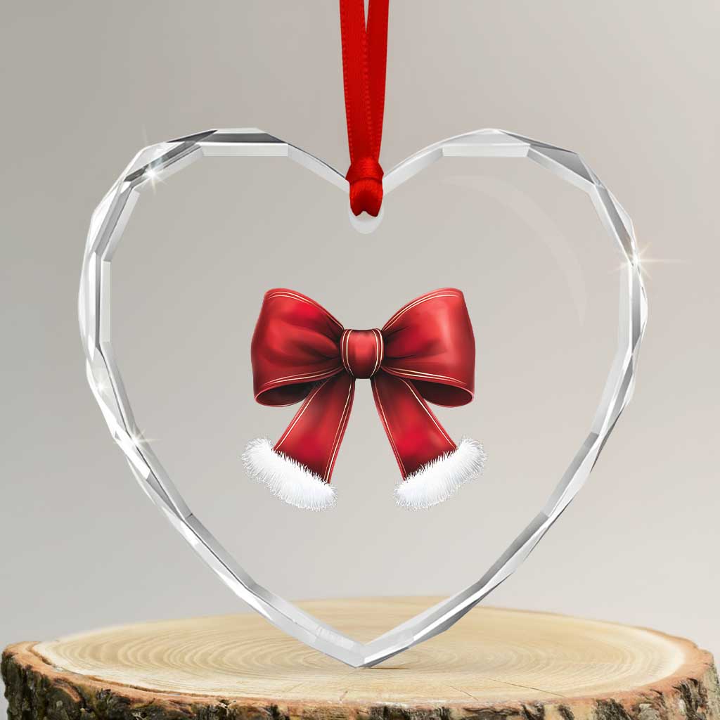 Red Coquette Bow Santa Retro Xmas Vibe Heart Crystal Glass Ornament - Wonder Print Shop