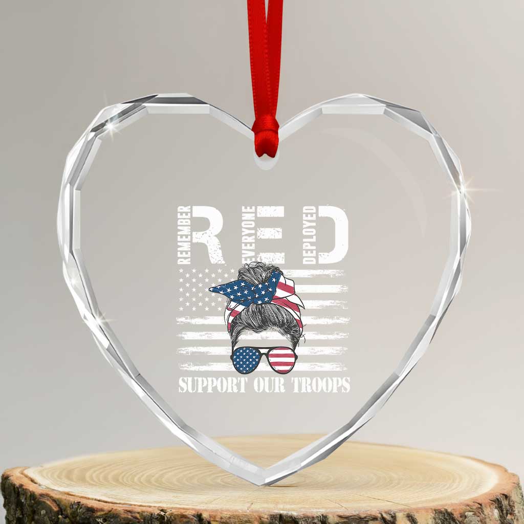 Red Friday Heart Crystal Glass Ornament R.E.D Remember Everyone Deployed American Flag Messy Bun - Wonder Print Shop