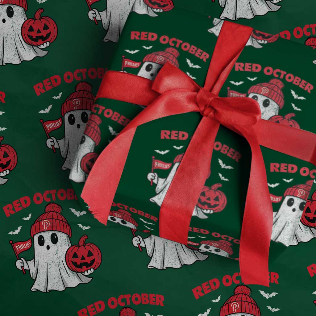 Red October Halloween Ghost Wrapping Paper Roll Philadelphia Spooky Pumpkin Baseball Fan - Wonder Print Shop