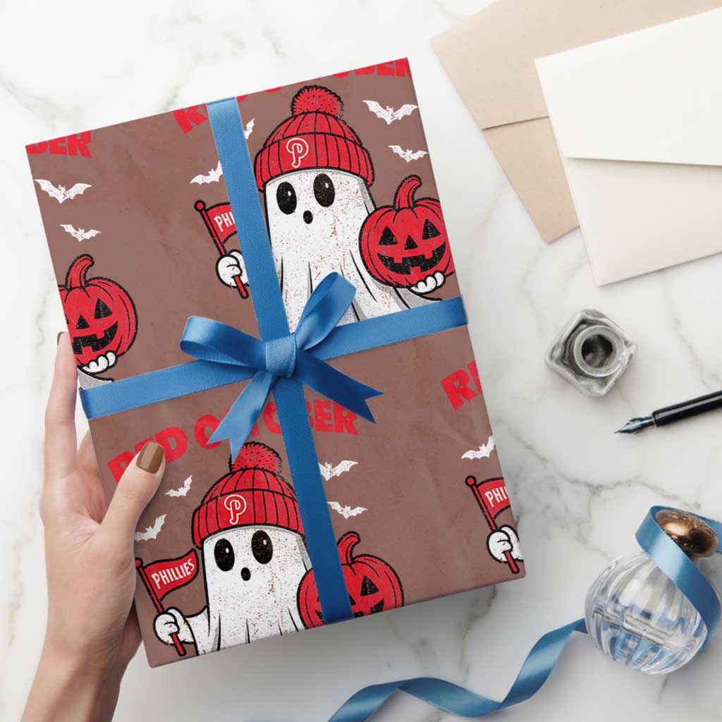 Red October Halloween Ghost Wrapping Paper Roll Philadelphia Spooky Pumpkin Baseball Fan - Wonder Print Shop