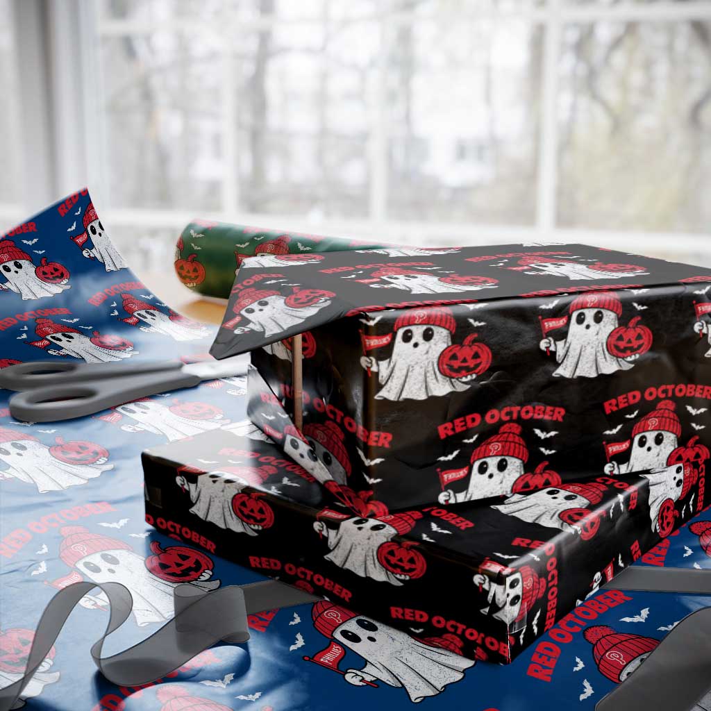 Red October Halloween Ghost Wrapping Paper Roll Philadelphia Spooky Pumpkin Baseball Fan - Wonder Print Shop