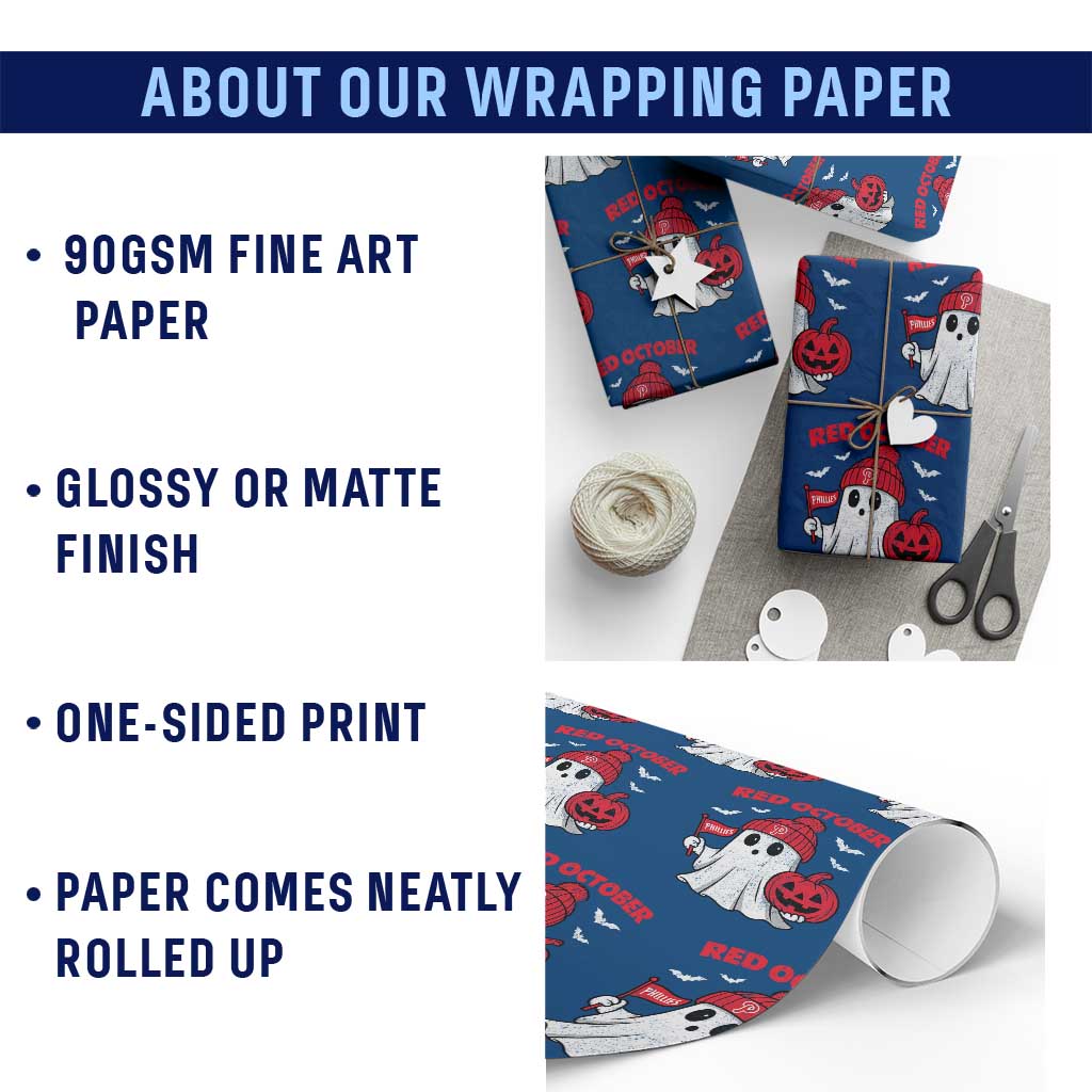 Red October Halloween Ghost Wrapping Paper Roll Philadelphia Spooky Pumpkin Baseball Fan - Wonder Print Shop