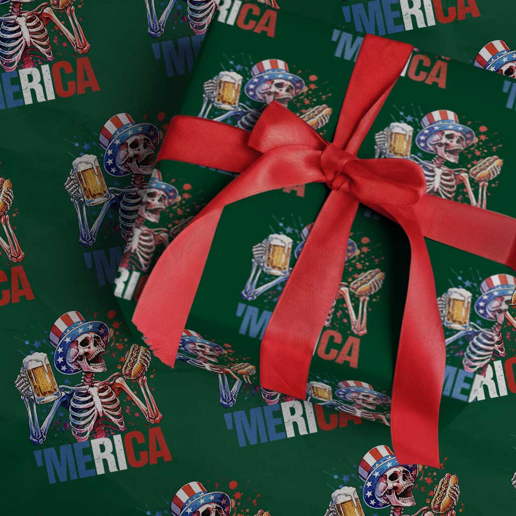 Red White And Blue Skeleton Party Wrapping Paper Roll American Freedom Vibes