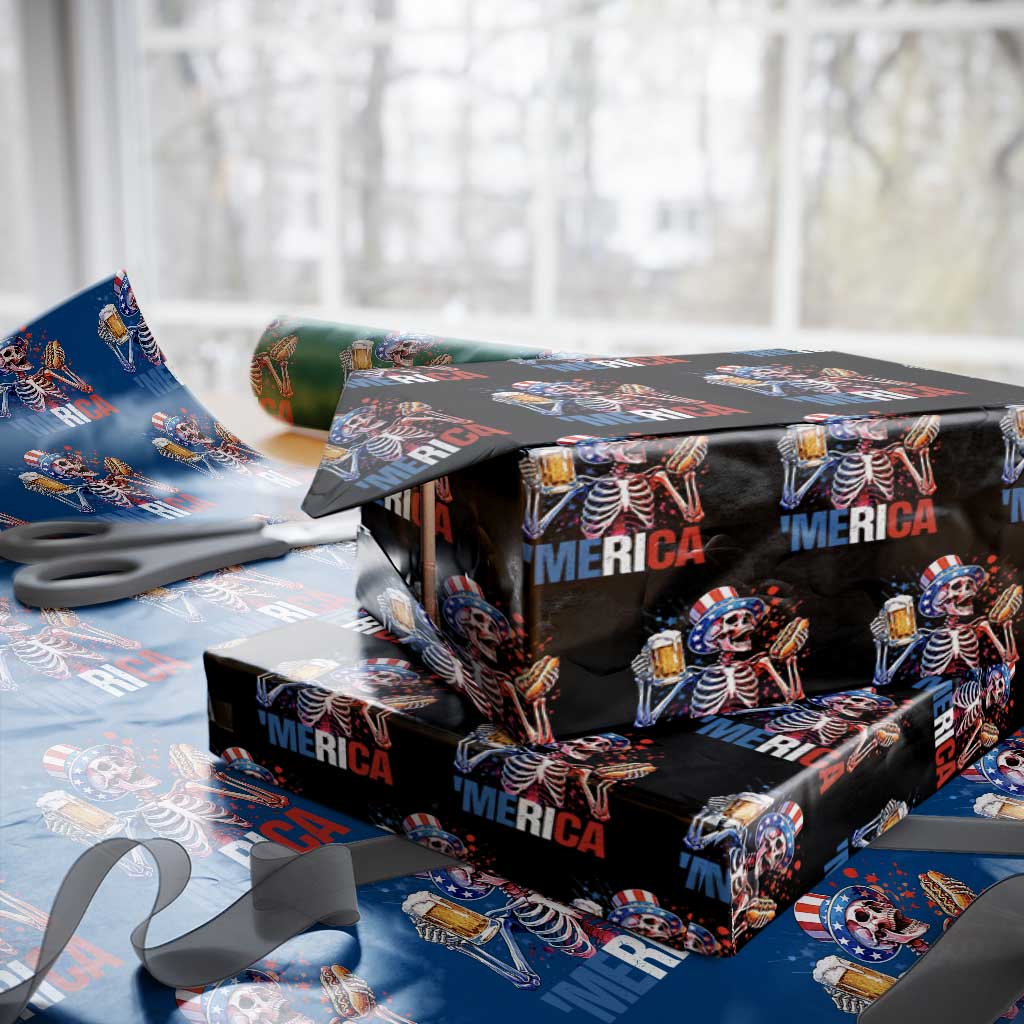 Red White And Blue Skeleton Party Wrapping Paper Roll American Freedom Vibes