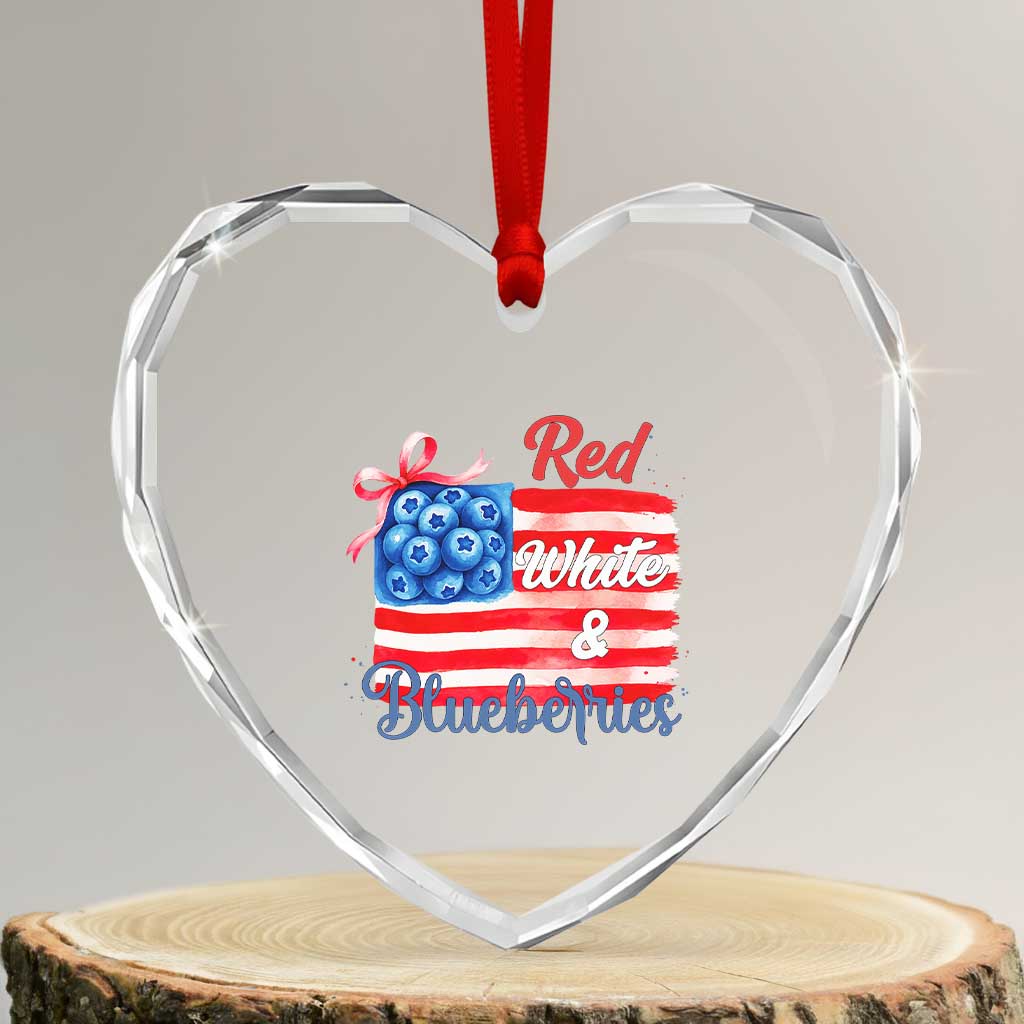 Red White and Blueberries Heart Crystal Glass Ornament Patriotic Vintage American Flag Coquette Bow - Wonder Print Shop