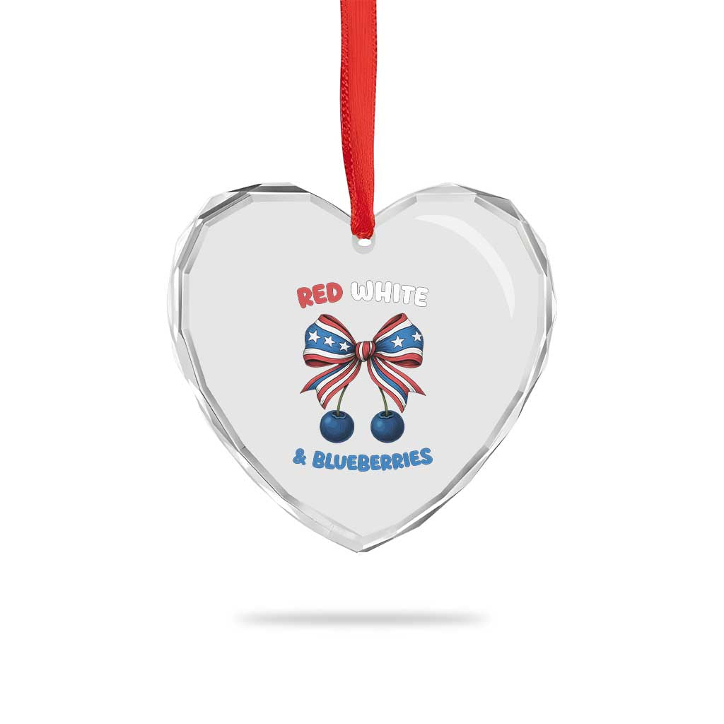Red White and Blueberries Heart Crystal Glass Ornament Retro Coquette Bow Vintage American Flag - Wonder Print Shop