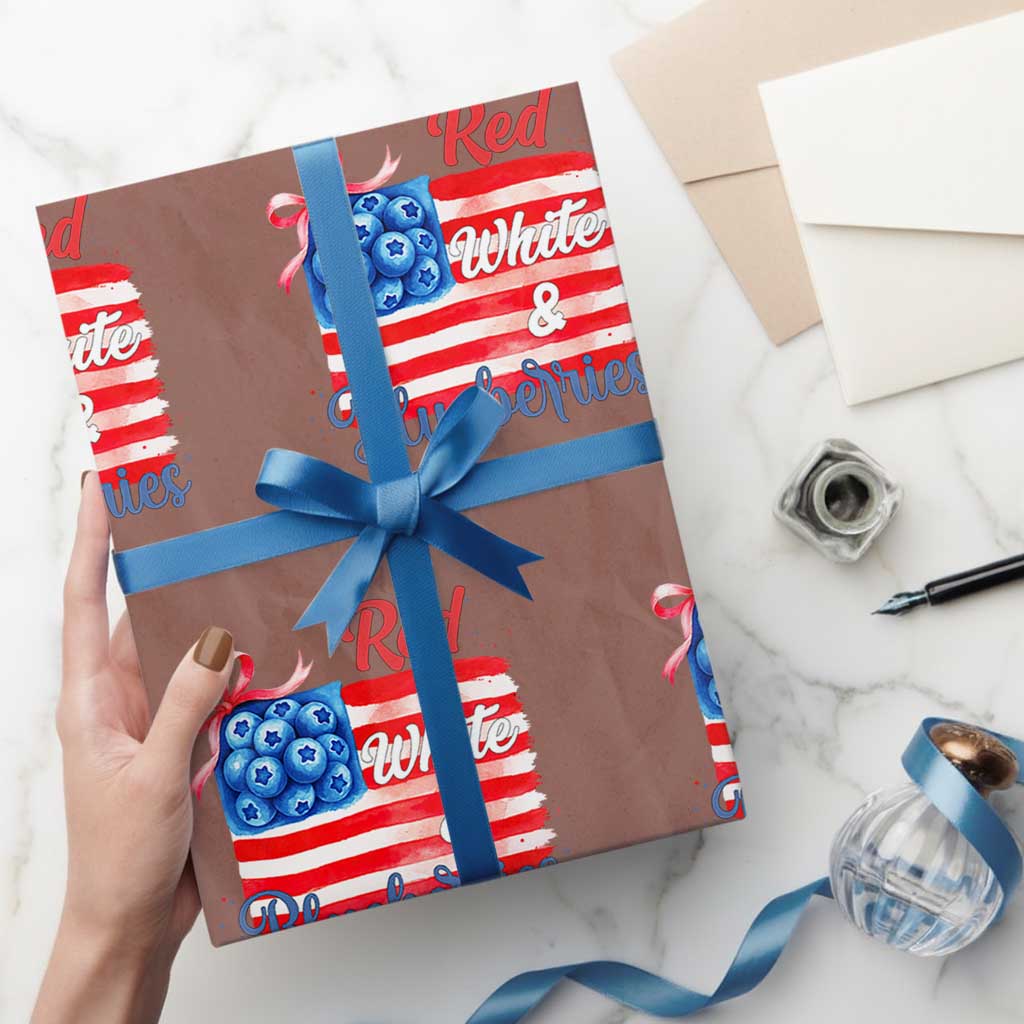 Red White and Blueberries Wrapping Paper Roll Patriotic Vintage American Flag Coquette Bow - Wonder Print Shop