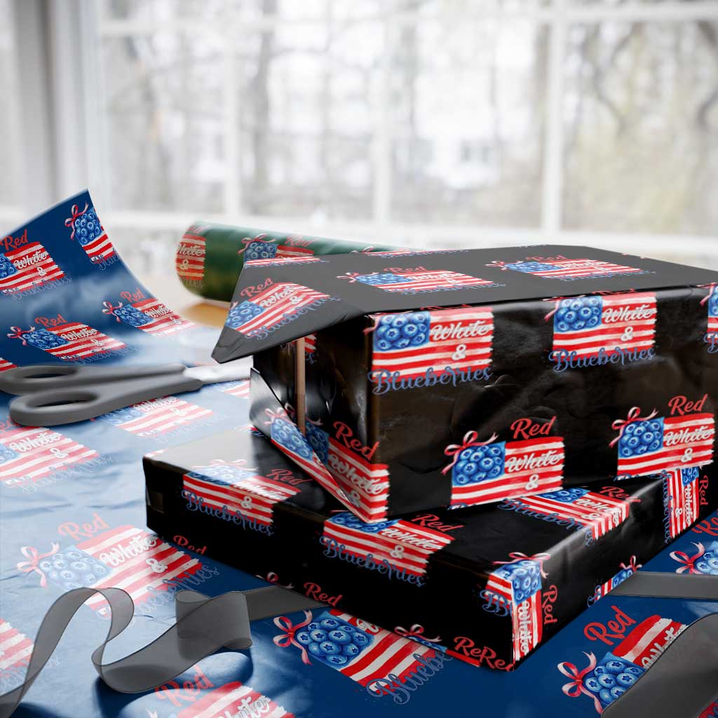 Red White and Blueberries Wrapping Paper Roll Patriotic Vintage American Flag Coquette Bow - Wonder Print Shop