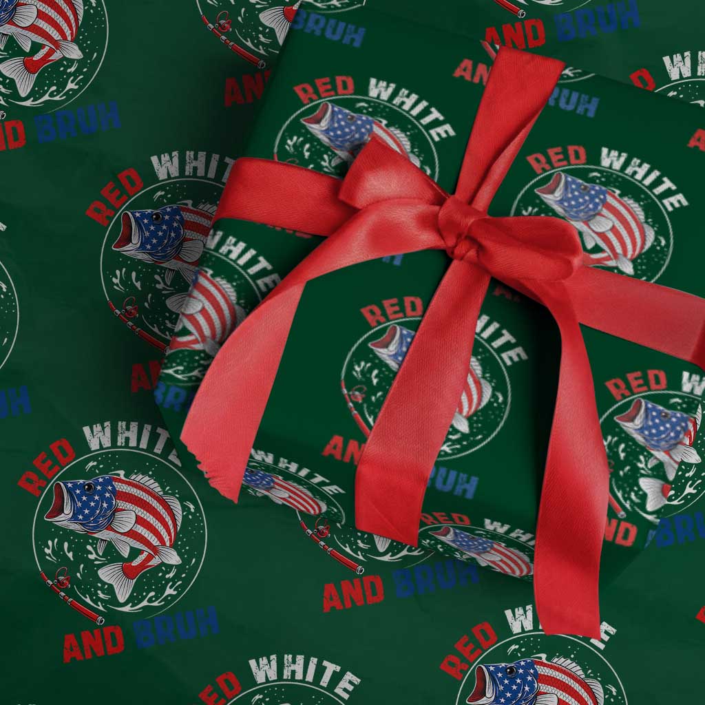 Red White And Bruh Fishing Wrapping Paper Roll Funny Patriotic Bass 4th Of July American Flag - Wonder Print Shop