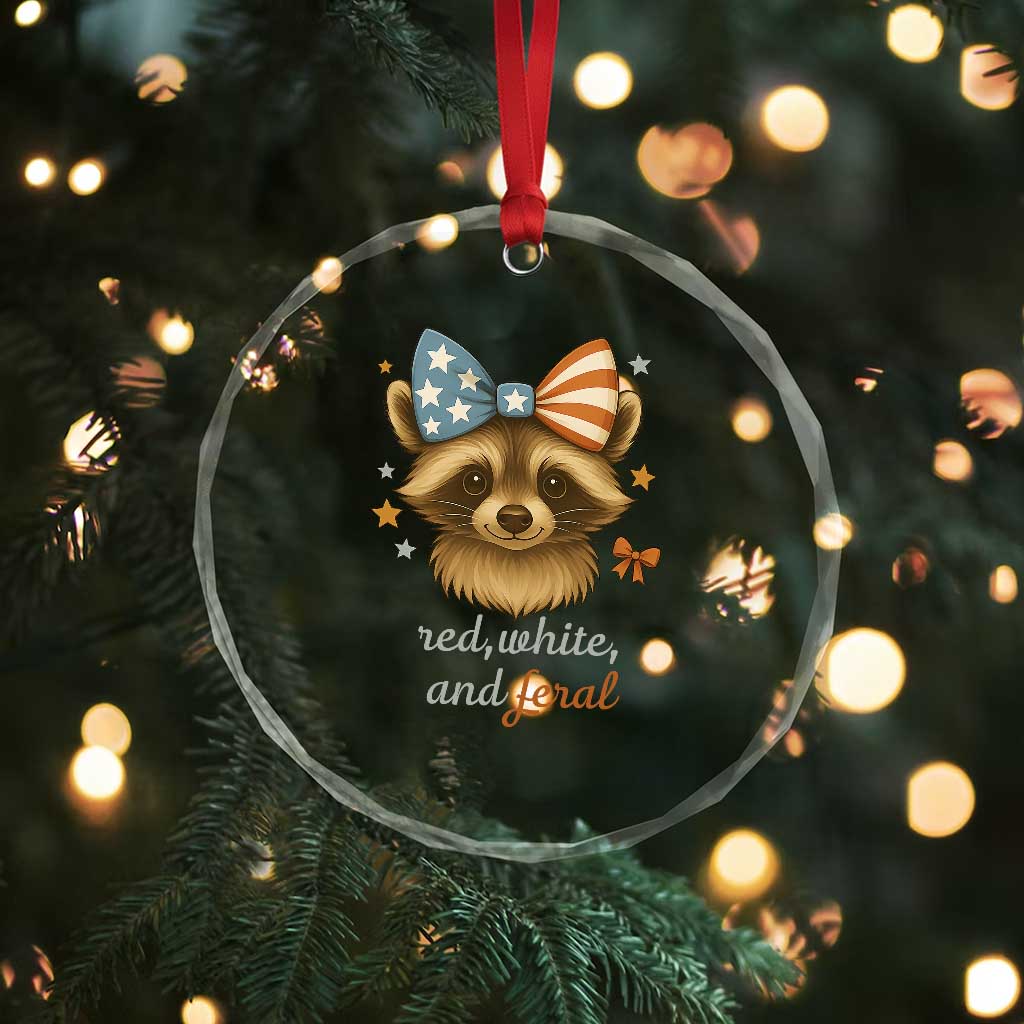 Red White and Feral Raccoon Crystal Glass Ornament Funny Patriotic Animal 4th of July TS02