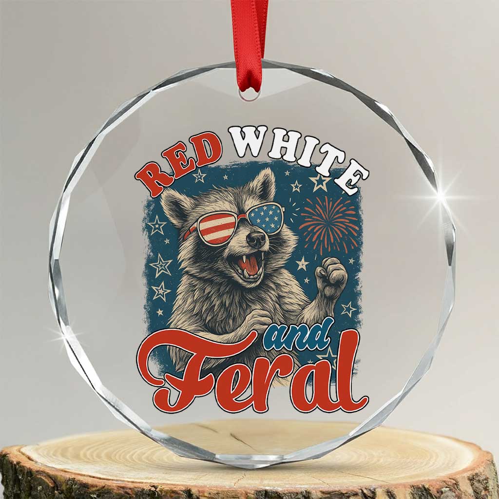 Red White and Feral Raccoon Crystal Glass Ornament Funny Patriotic Fireworks Wild 4th of July Vibes - Wonder Print Shop