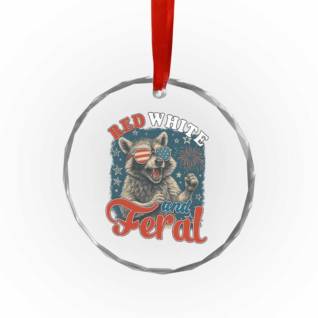 Red White and Feral Raccoon Crystal Glass Ornament Funny Patriotic Fireworks Wild 4th of July Vibes TS02