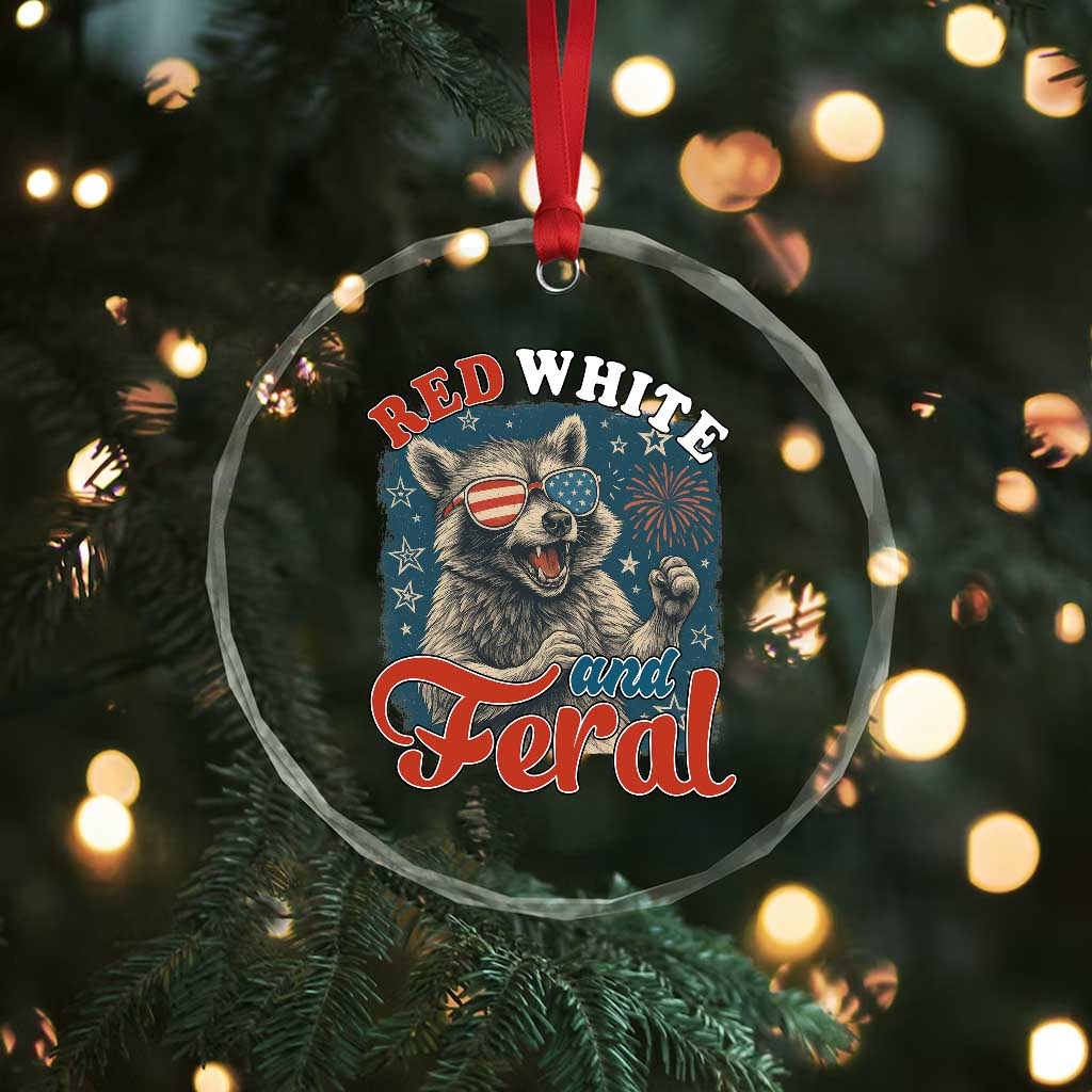 Red White and Feral Raccoon Crystal Glass Ornament Funny Patriotic Fireworks Wild 4th of July Vibes TS02