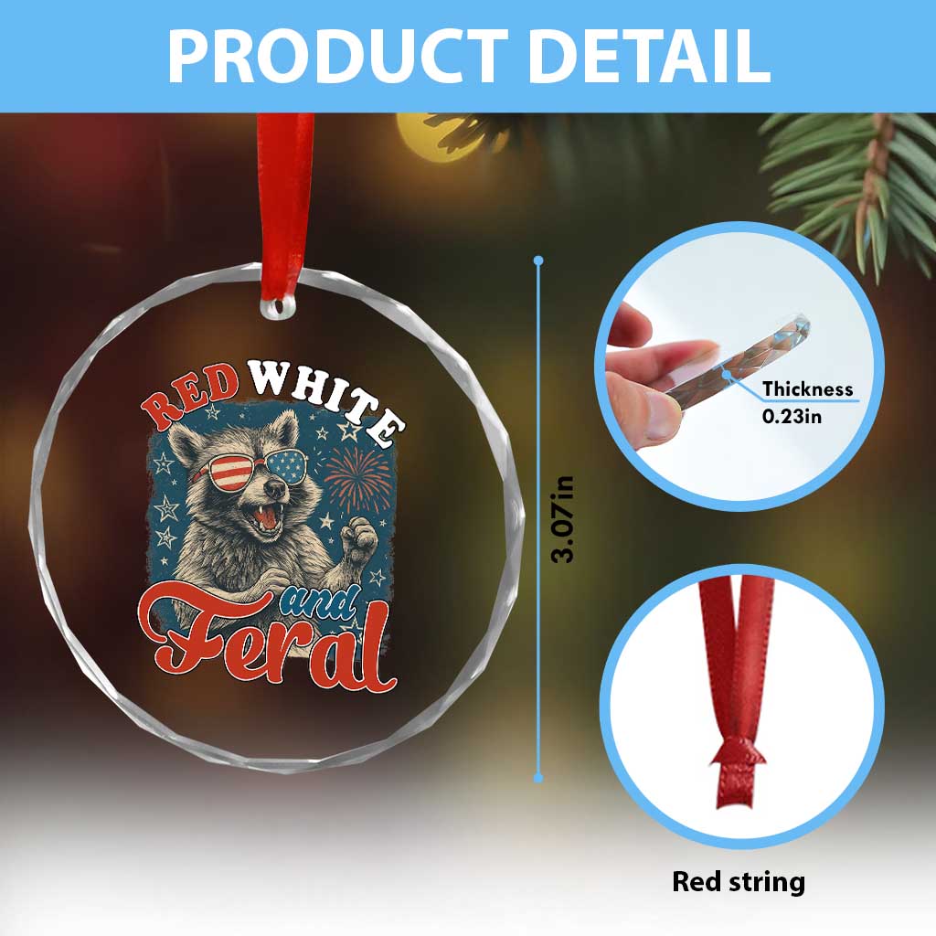 Red White and Feral Raccoon Crystal Glass Ornament Funny Patriotic Fireworks Wild 4th of July Vibes TS02