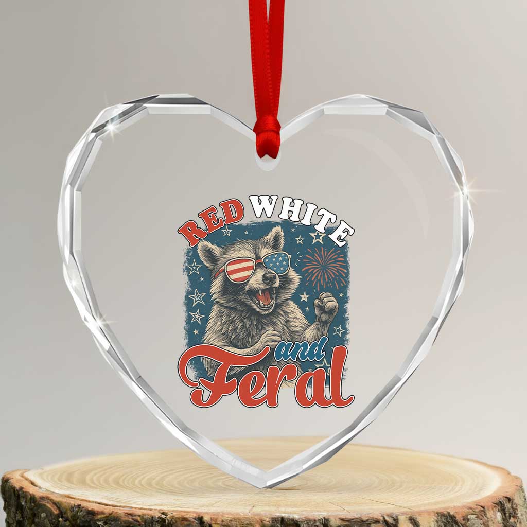 Red White and Feral Raccoon Heart Crystal Glass Ornament Funny Patriotic Fireworks Wild 4th of July Vibes - Wonder Print Shop