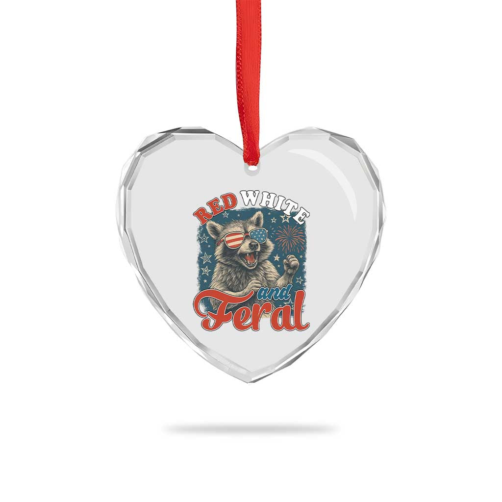 Red White and Feral Raccoon Heart Crystal Glass Ornament Funny Patriotic Fireworks Wild 4th of July Vibes - Wonder Print Shop