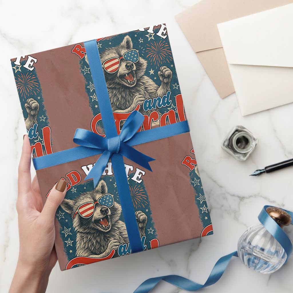 Red White and Feral Raccoon Wrapping Paper Roll Funny Patriotic Fireworks Wild 4th of July Vibes - Wonder Print Shop