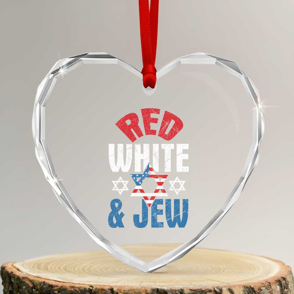 Red White and Jew Heart Crystal Glass Ornament Funny Jewish Patriotic 4th of July Star Of David - Wonder Print Shop
