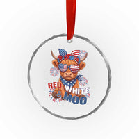 Red White and Moo Funny Patriotic Highland Cow Crystal Glass Ornament Cute American Flag Sunglasses and Bandana Summer Fireworks