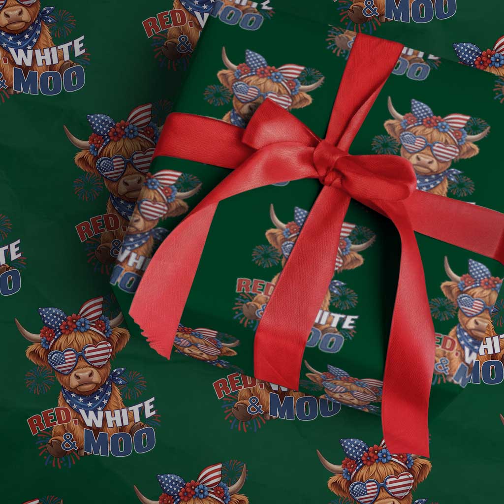 Red White and Moo Funny Patriotic Highland Cow Wrapping Paper Roll Cute American Flag Sunglasses and Bandana Summer Fireworks