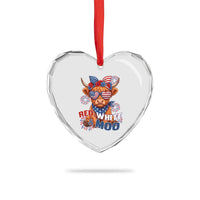 Red White and Moo Funny Patriotic Highland Cow Heart Crystal Glass Ornament Cute American Flag Sunglasses and Bandana Summer Fireworks
