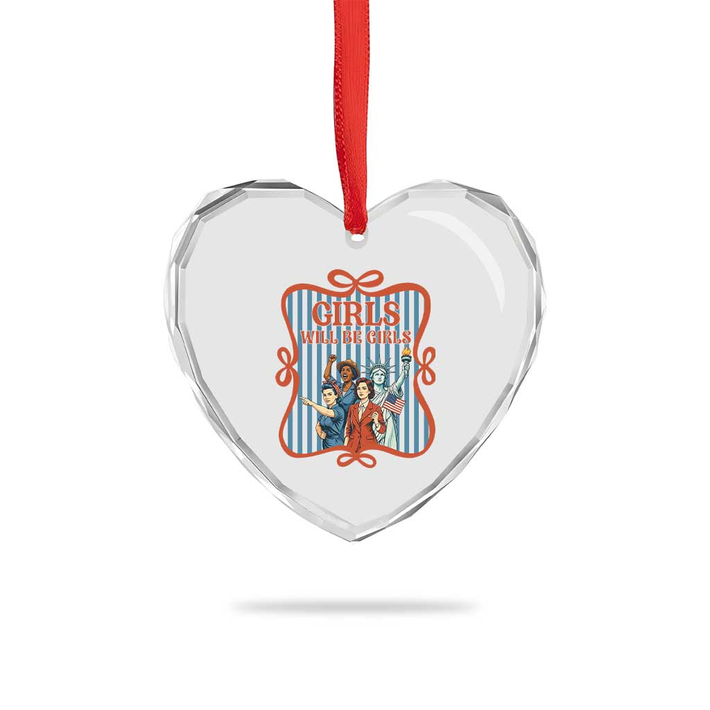 Red White Blue Feminist Pride Heart Crystal Glass Ornament Girls Will Be Girls