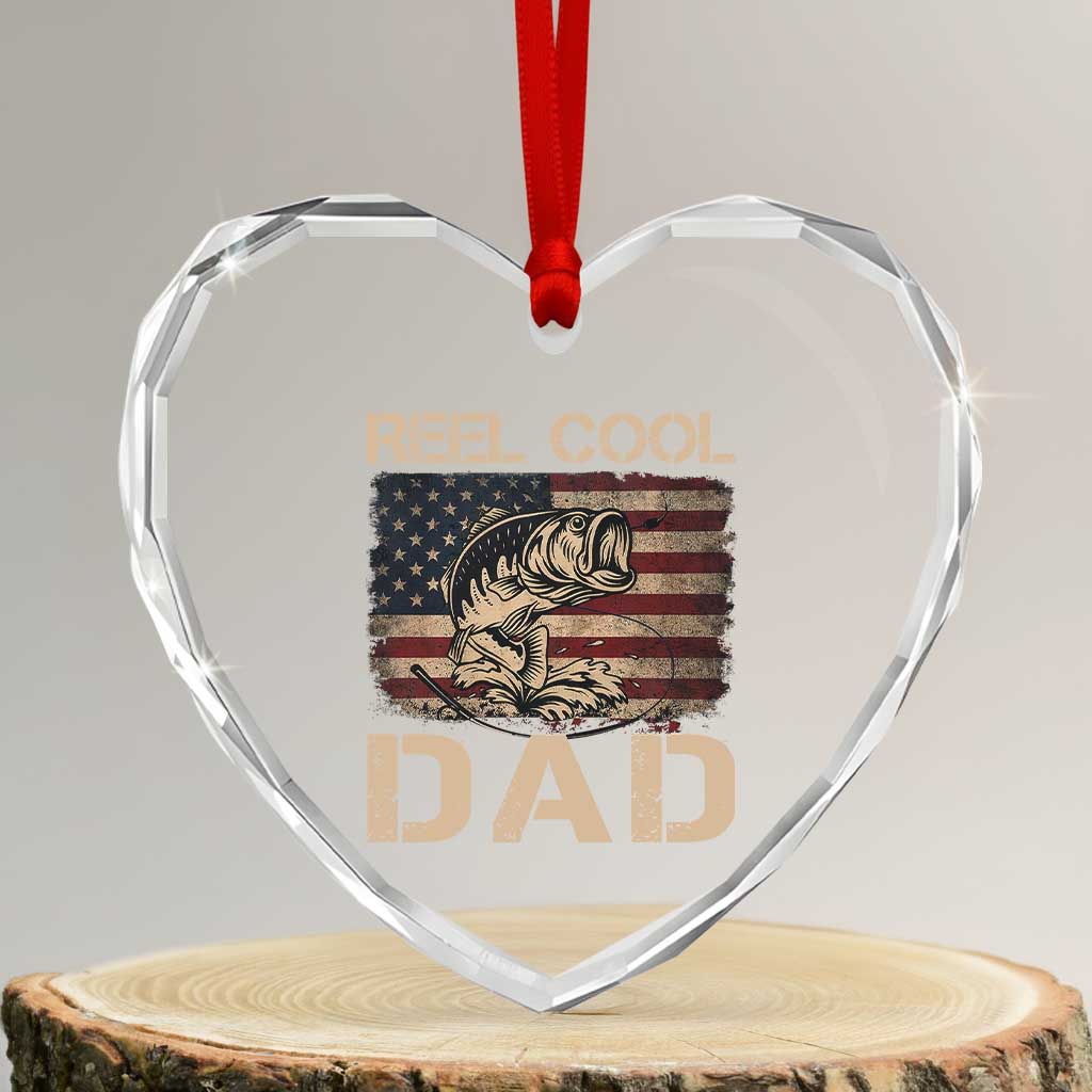 Reel Cool Dad Heart Crystal Glass Ornament Funny Fishing USA Flag Patriotic Fisherman Fathers Day