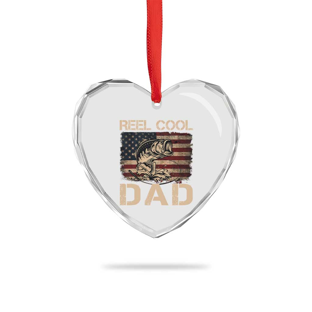 Reel Cool Dad Heart Crystal Glass Ornament Funny Fishing USA Flag Patriotic Fisherman Fathers Day