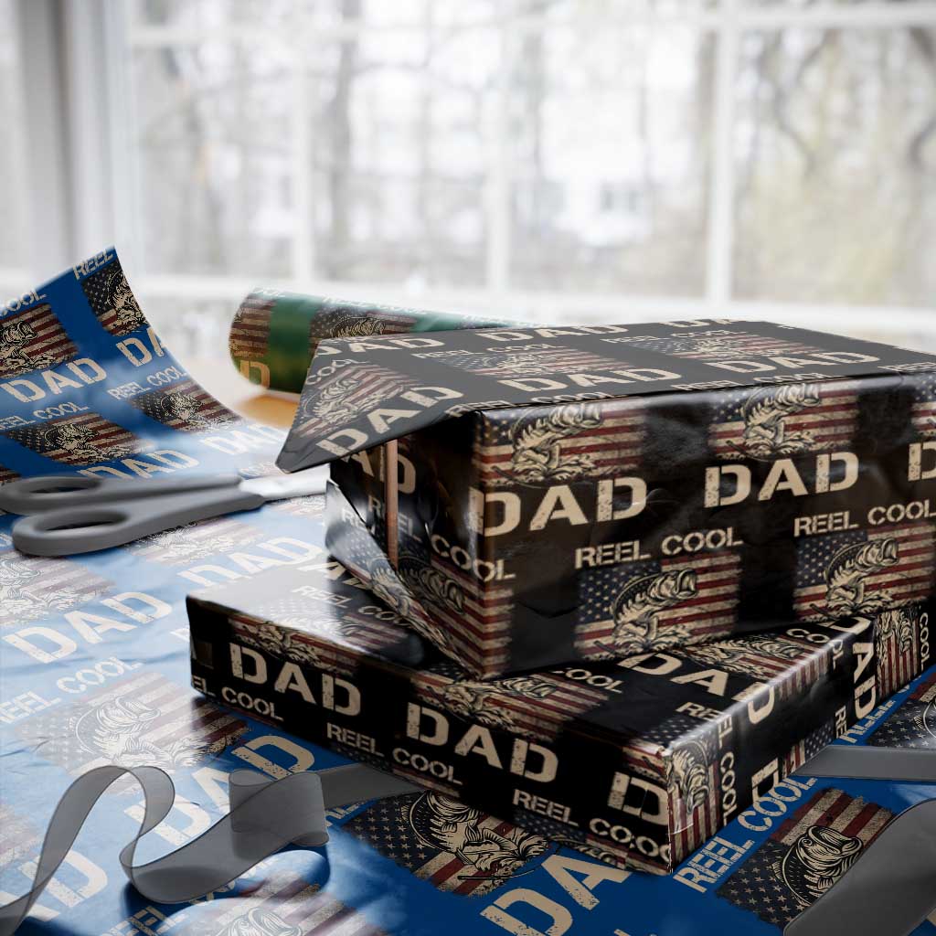 Reel Cool Dad Wrapping Paper Roll Funny Fishing USA Flag Patriotic Fisherman Fathers Day