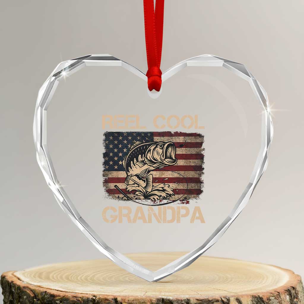 Reel Cool Grandpa Heart Crystal Glass Ornament Funny Fishing USA Flag Patriotic Fisherman Fathers Day