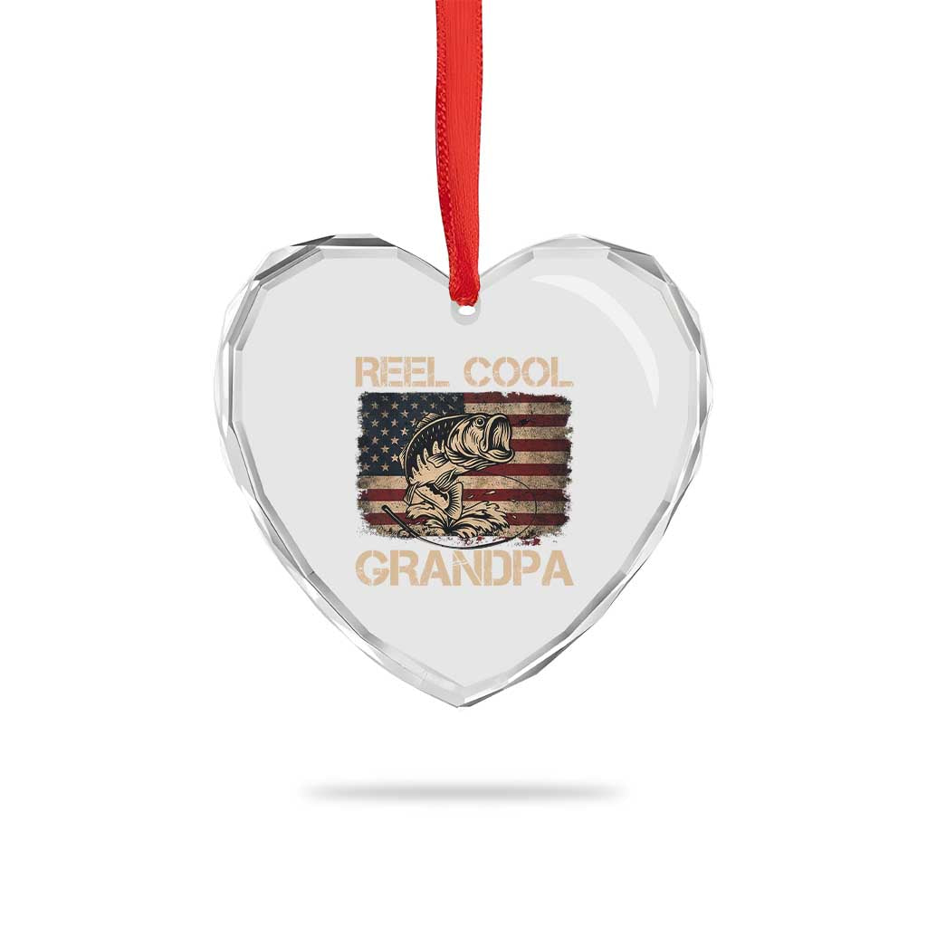 Reel Cool Grandpa Heart Crystal Glass Ornament Funny Fishing USA Flag Patriotic Fisherman Fathers Day