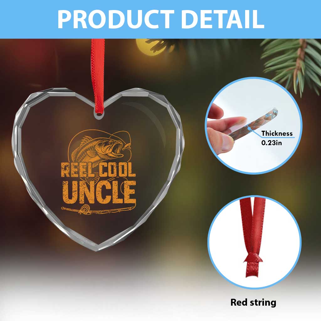 Reel Cool Uncle Heart Crystal Glass Ornament Funny Fishing Fisherman Fathers Day