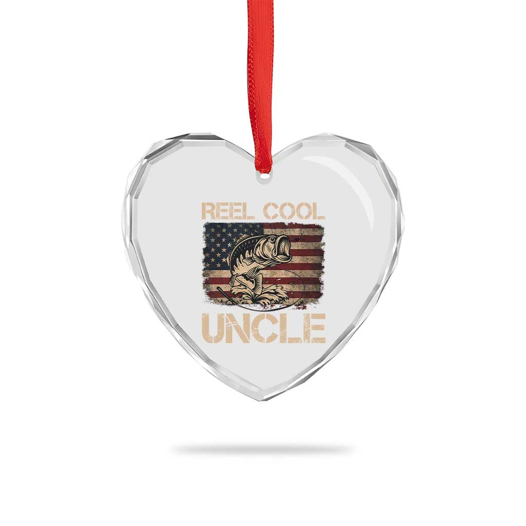 Reel Cool Uncle Heart Crystal Glass Ornament Funny Fishing USA Flag Patriotic Fisherman Fathers Day