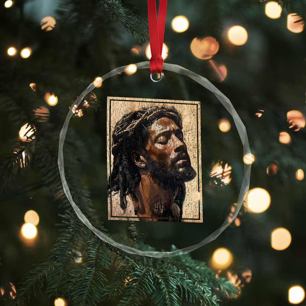 Religious Black Jesus With Crown Of Thorns Crystal Glass Ornament