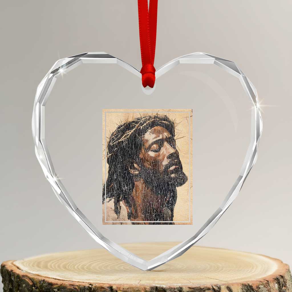 Religious Black Jesus With Crown Of Thorns Heart Crystal Glass Ornament