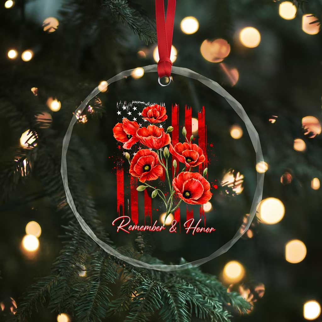 Remember And Honor Memorial Day Crystal Glass Ornament Red Poppy Flowers