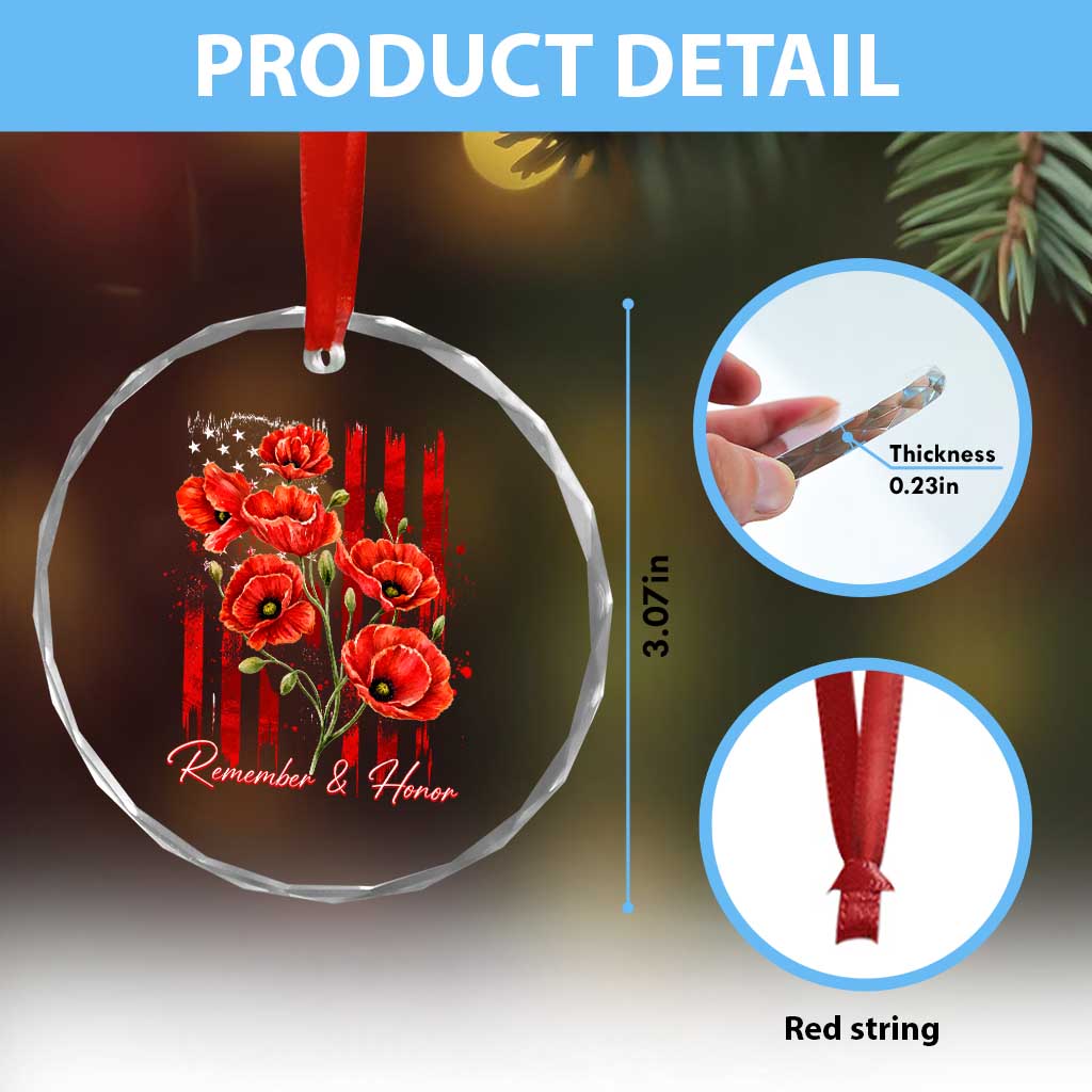 Remember And Honor Memorial Day Crystal Glass Ornament Red Poppy Flowers