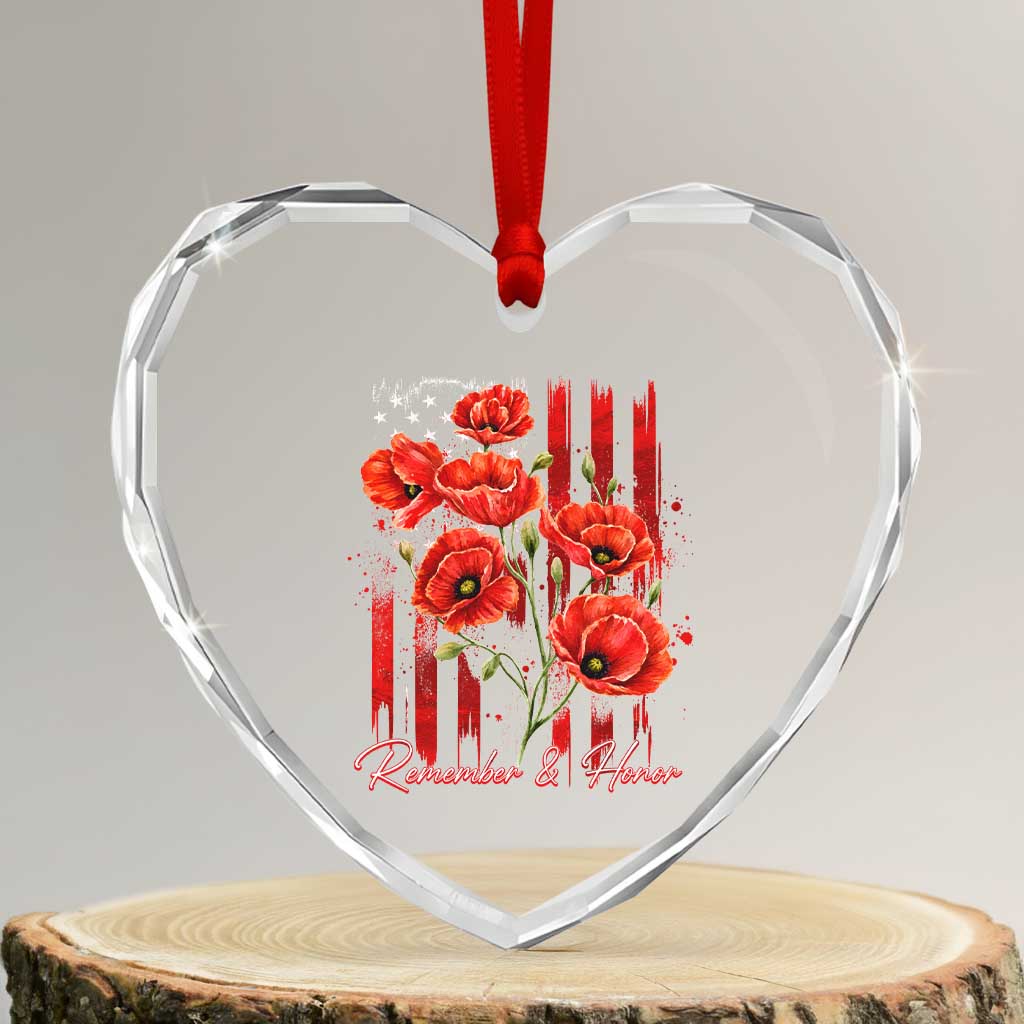 Remember And Honor Memorial Day Heart Crystal Glass Ornament Red Poppy Flowers