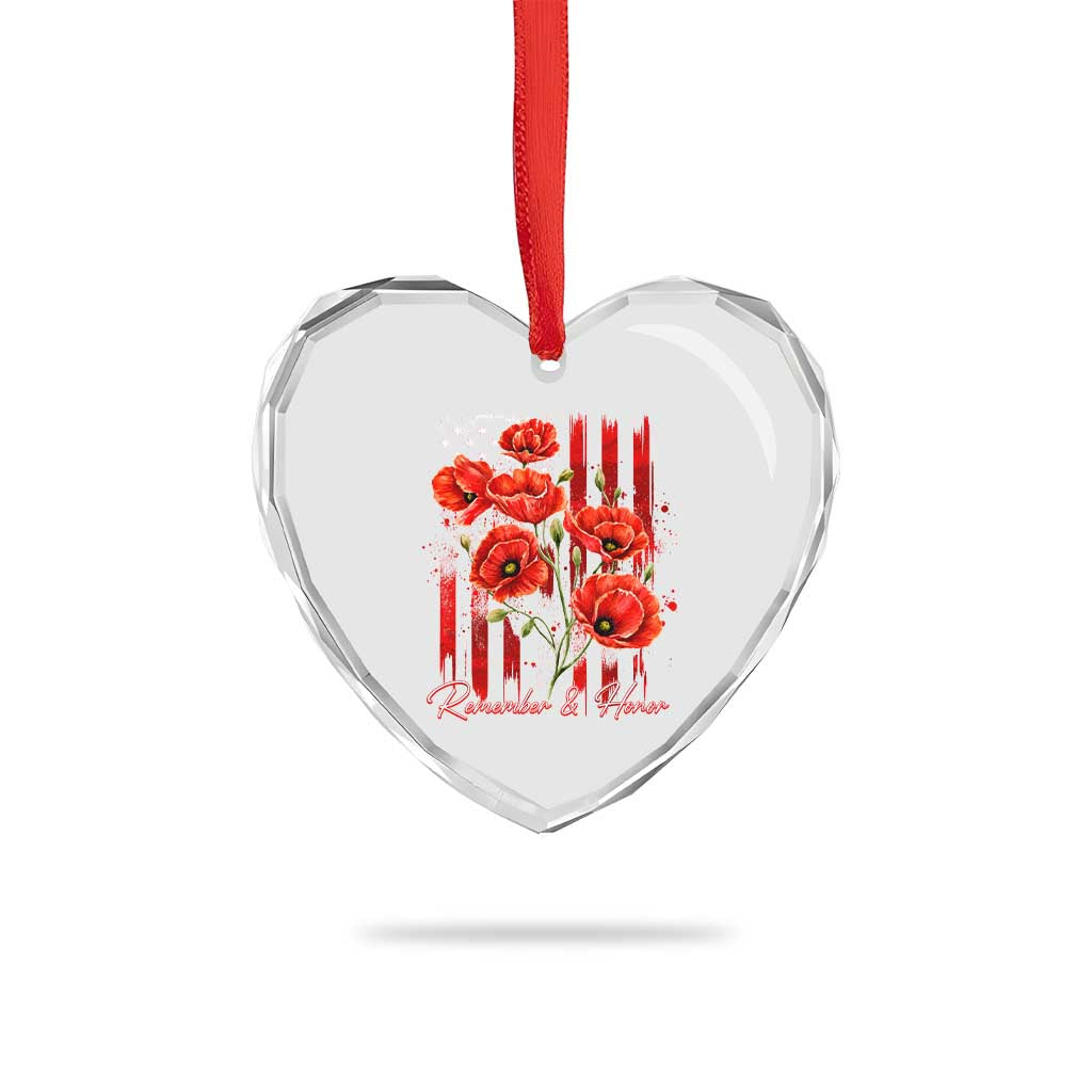 Remember And Honor Memorial Day Heart Crystal Glass Ornament Red Poppy Flowers
