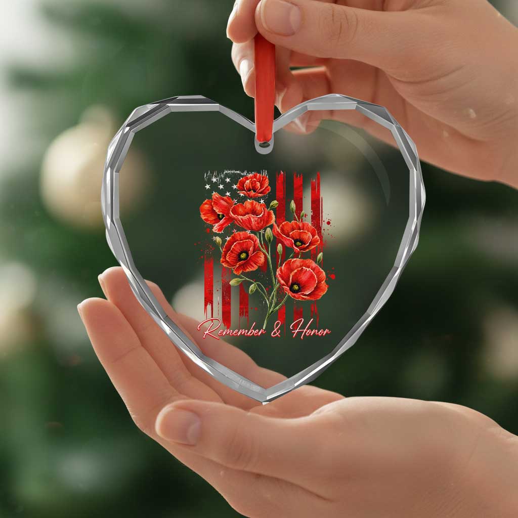 Remember And Honor Memorial Day Heart Crystal Glass Ornament Red Poppy Flowers