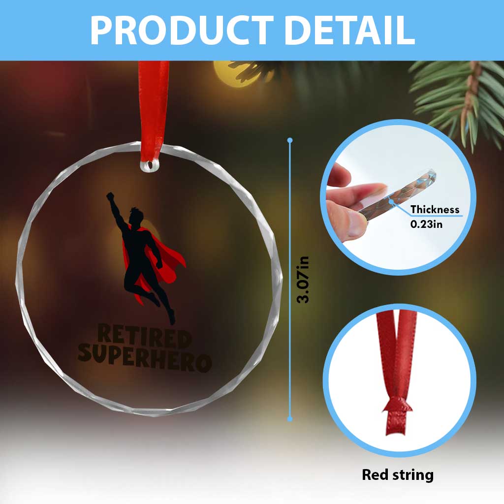Retired Superhero Retirement Gift Crystal Glass Ornament Flying Red Cape Silhouette Graphic