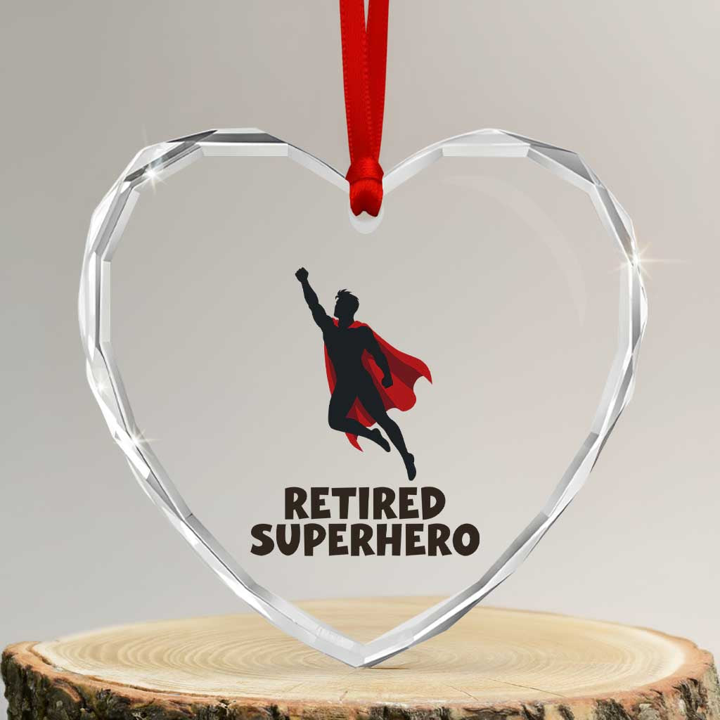 Retired Superhero Retirement Gift Heart Crystal Glass Ornament Flying Red Cape Silhouette Graphic