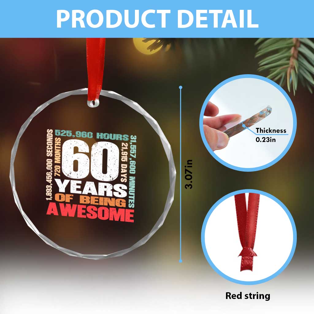 Retro 60 Years Of Being Awesome Crystal Glass Ornament 60th Birthday Gift Idea