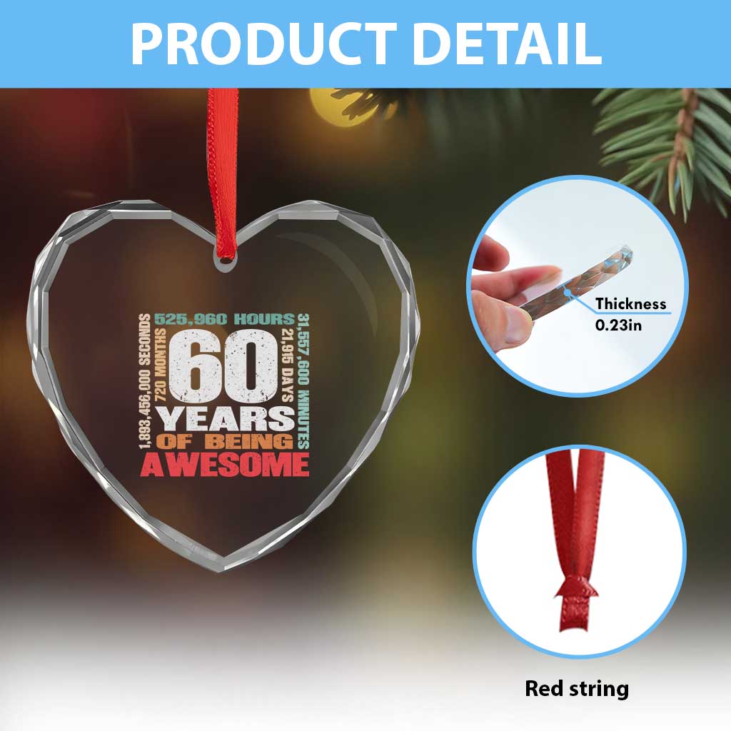 Retro 60 Years Of Being Awesome Heart Crystal Glass Ornament 60th Birthday Gift Idea