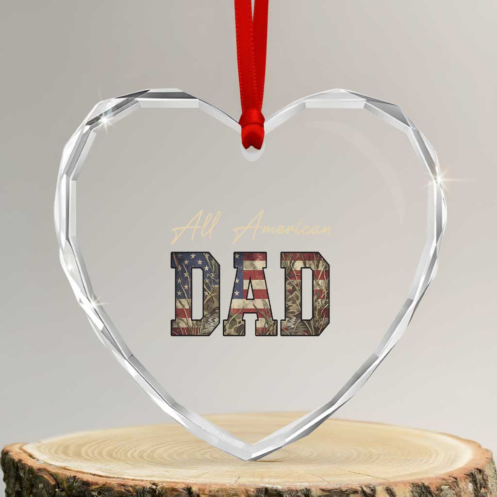 Retro All American Dad Heart Crystal Glass Ornament 4th of July Father's Day