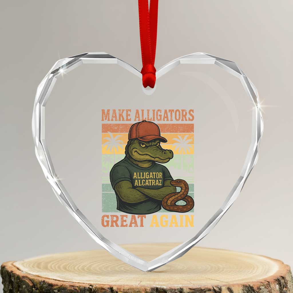 Retro Alligator Alcatraz Heart Crystal Glass Ornament Funny Florida Everglades Dark Humor