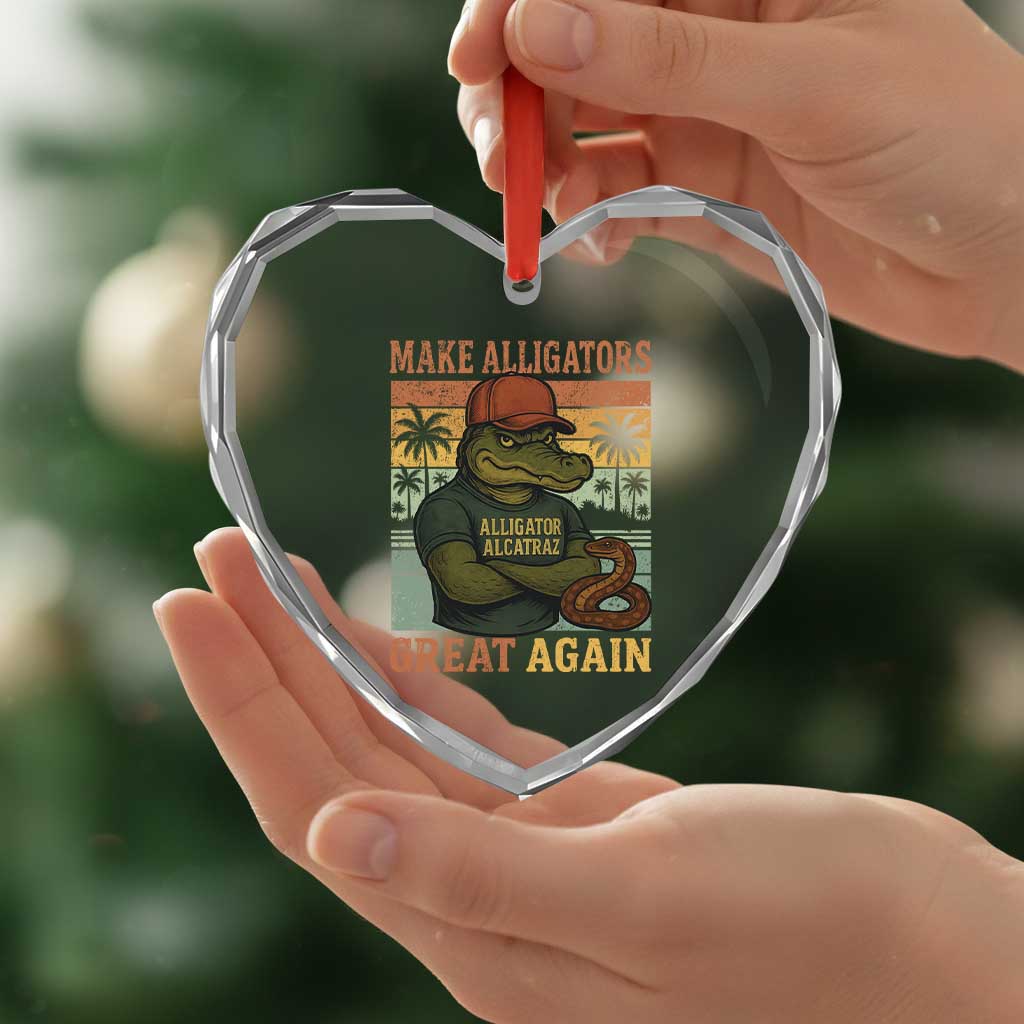 Retro Alligator Alcatraz Heart Crystal Glass Ornament Funny Florida Everglades Dark Humor