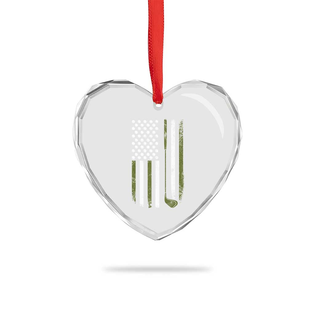 Retro American Flag Golf Heart Crystal Glass Ornament Golfer Funny Golf Club Golfing