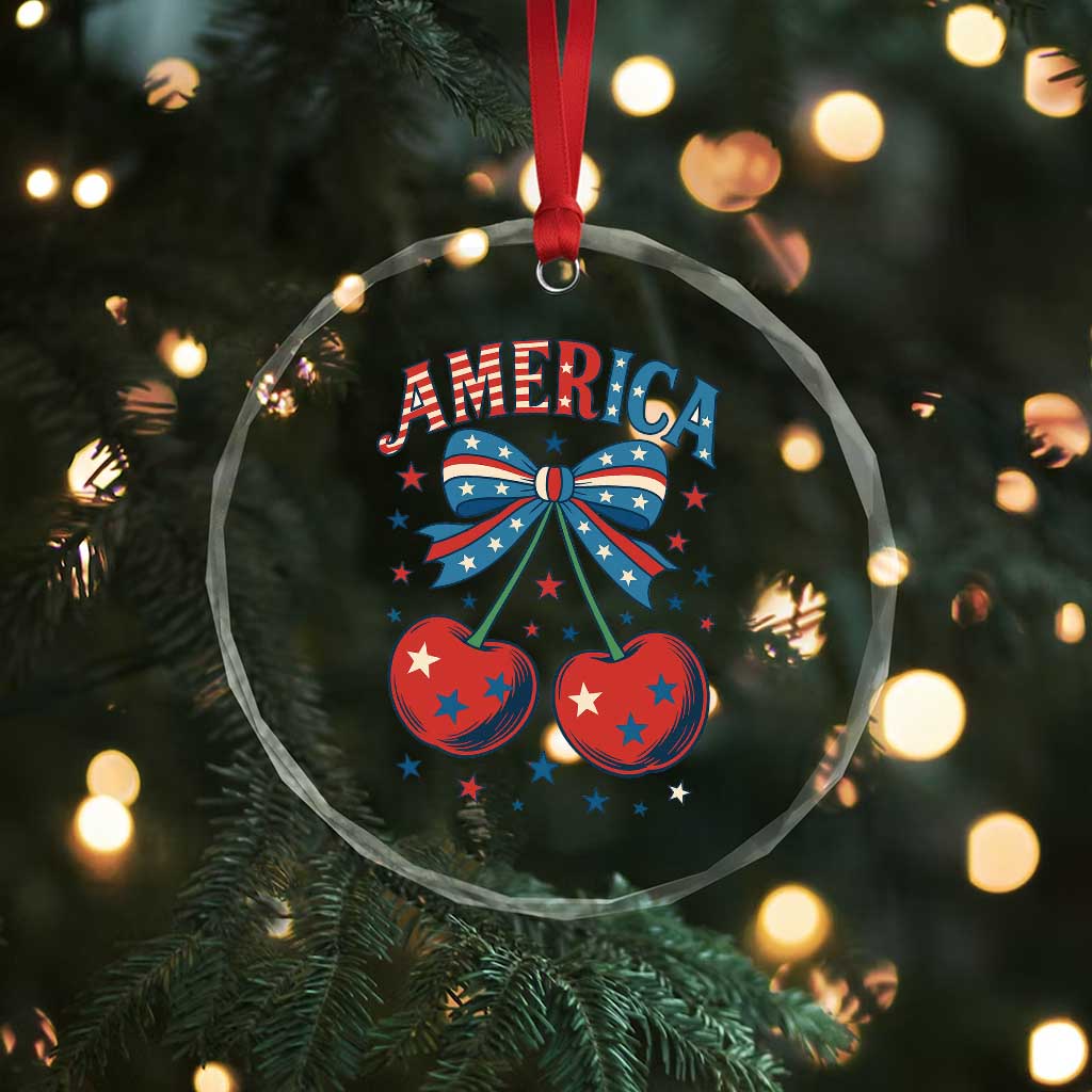 Retro Americana Cherries and Stars Coquette Bow Crystal Glass Ornament America Cute Patriotic 4th Of July US - Wonder Print Shop