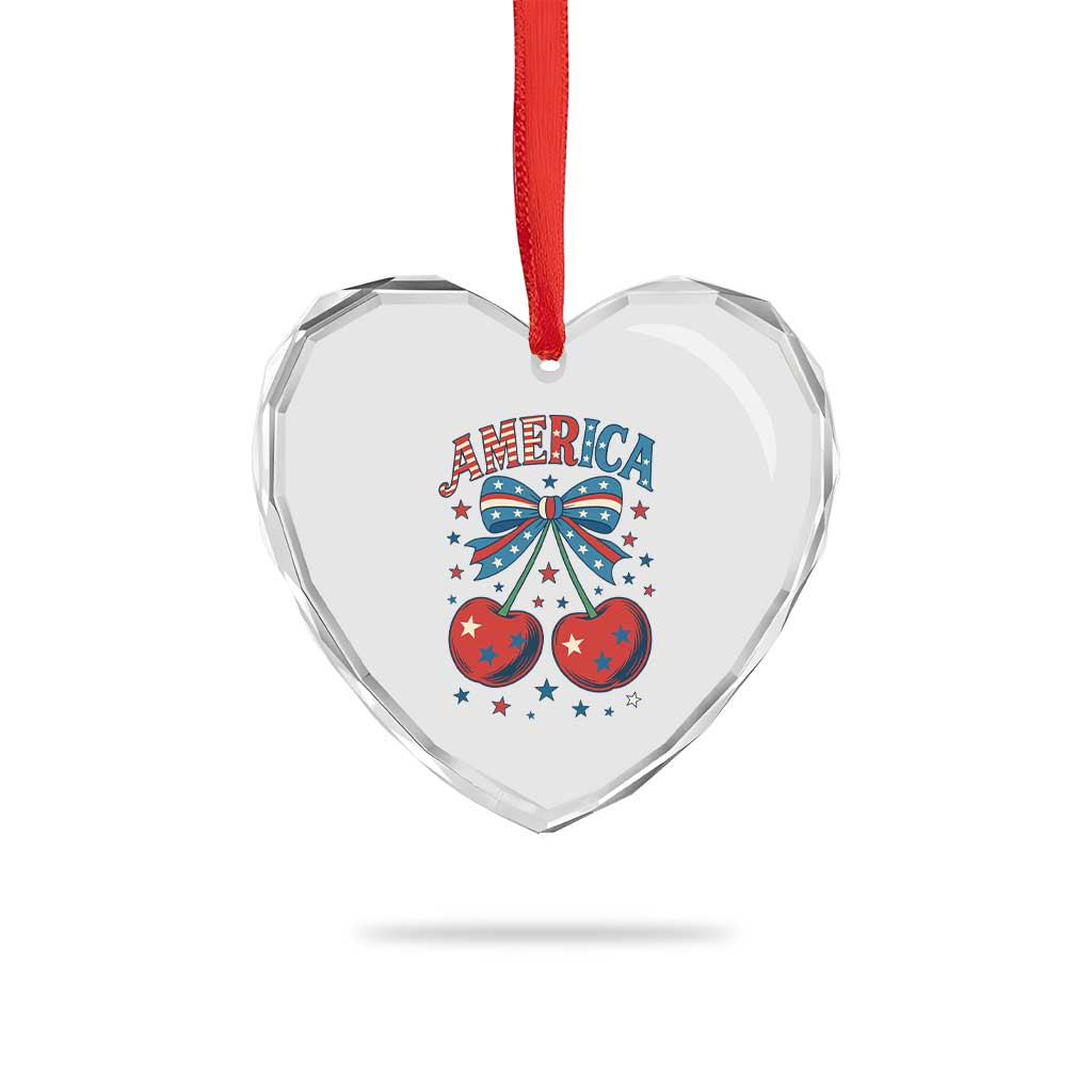Retro Americana Cherries and Stars Coquette Bow Heart Crystal Glass Ornament America Cute Patriotic 4th Of July US - Wonder Print Shop